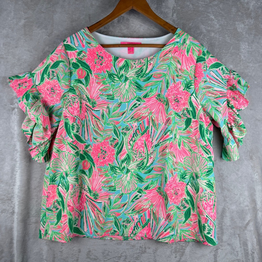 Lilly Pulitzer Floral Ruffle‎ Sleeve Top Pink Green Tropical XL Blouse